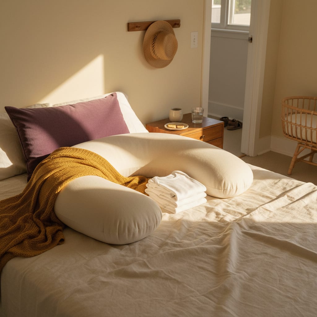 A sunlit still life of a body pillow on rumpled linen with tiny folded newborn onesies